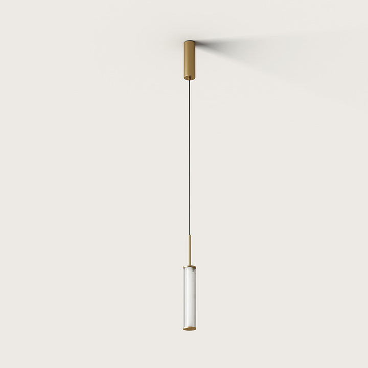 Single Ison pendant in aged gold with a clear glass tube and cylindrical ceiling canopy, unlit