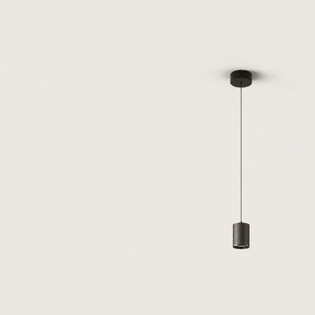 Tera Pendant Lamp in blued steel, slim cylinder on a long black cord with round ceiling canopy
