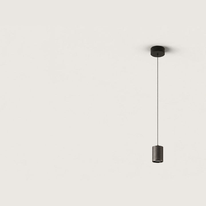 Tera Pendant Lamp in blued steel, slim cylinder on a long black cord with round ceiling canopy