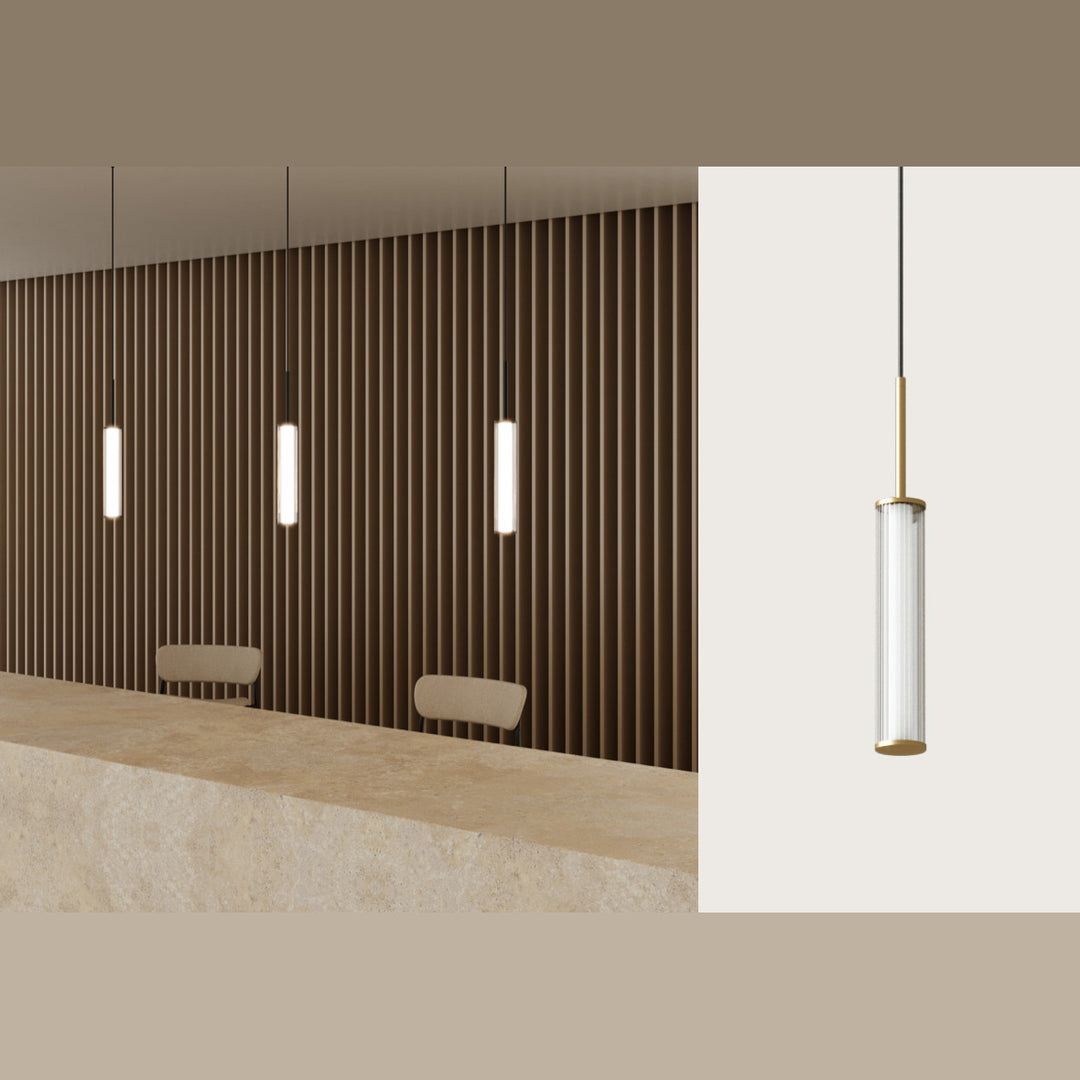 Three lit Ison tube pendants over a stone counter by a slatted wall, with a close-up of the aged gold tube