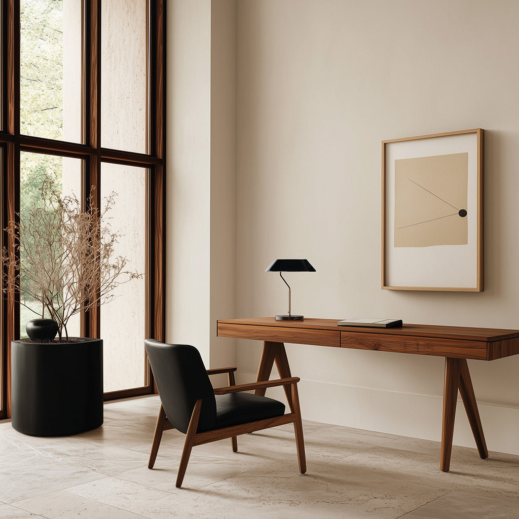 Aider Table Lamp with black shade on a wooden desk beside a black leather lounge chair and tall windows