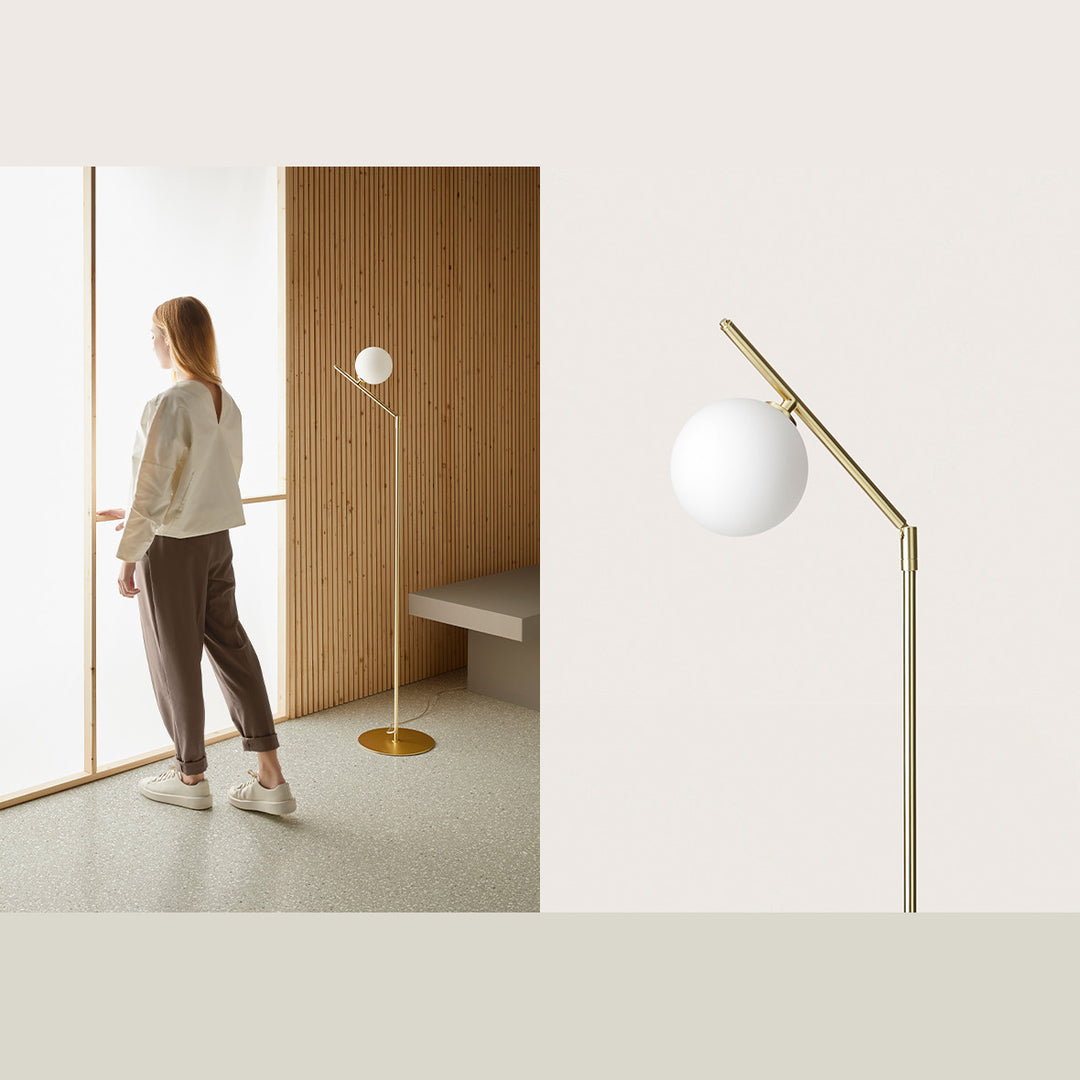 Brass Endo Floor Lamp by a slatted wood wall with a woman at the window, plus a close-up of the globe and arm