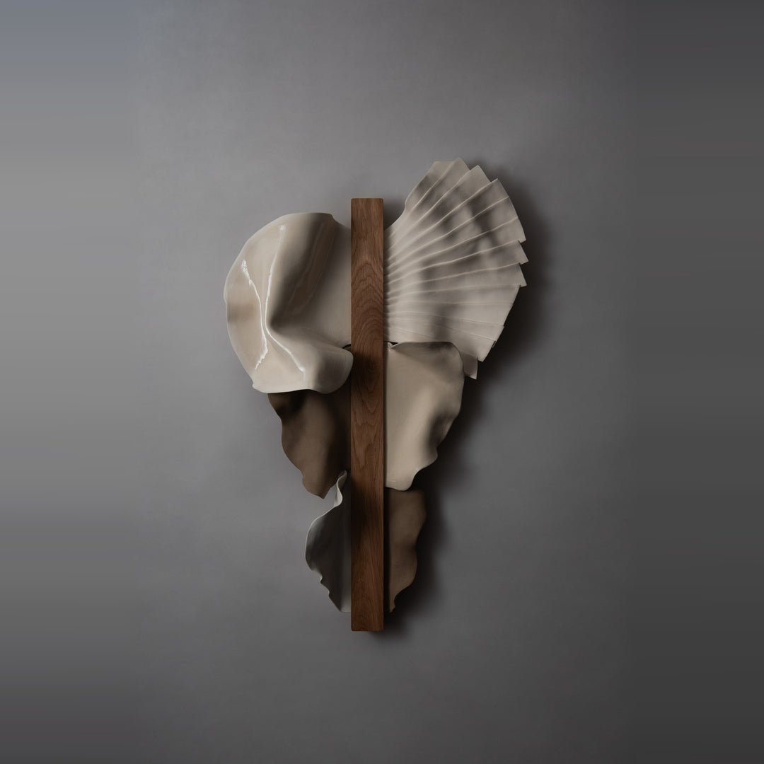Abundance Large wall sculpture in oak, white porcelain and toffee stoneware, front view on a grey wall