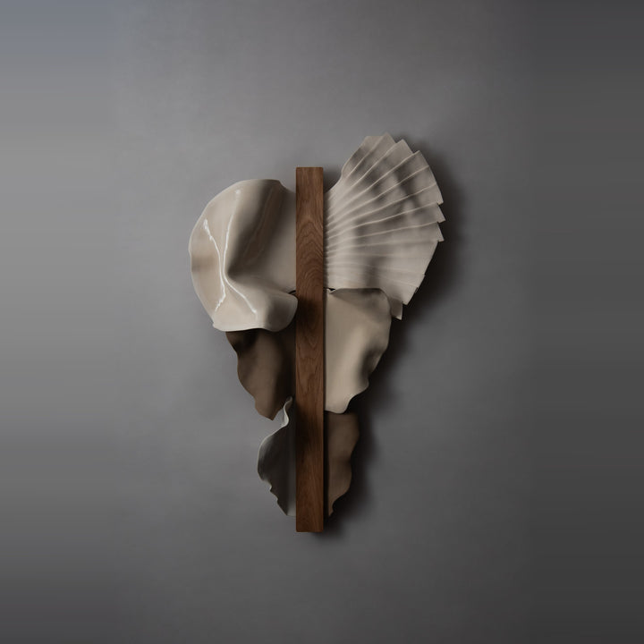 Abundance Large wall sculpture in oak, white porcelain and toffee stoneware, front view on a grey wall