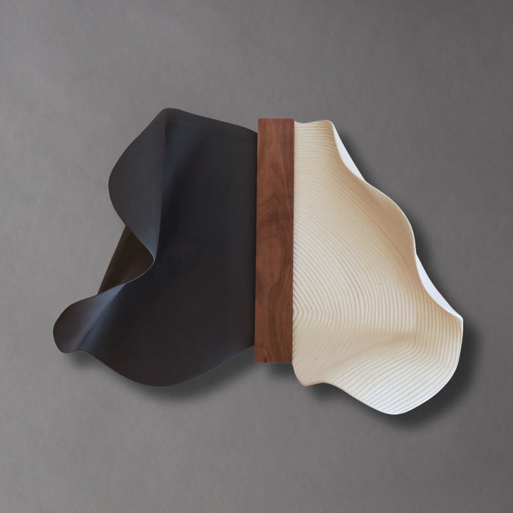 Abundance Small wall sculpture in walnut, white and black stoneware, front view
