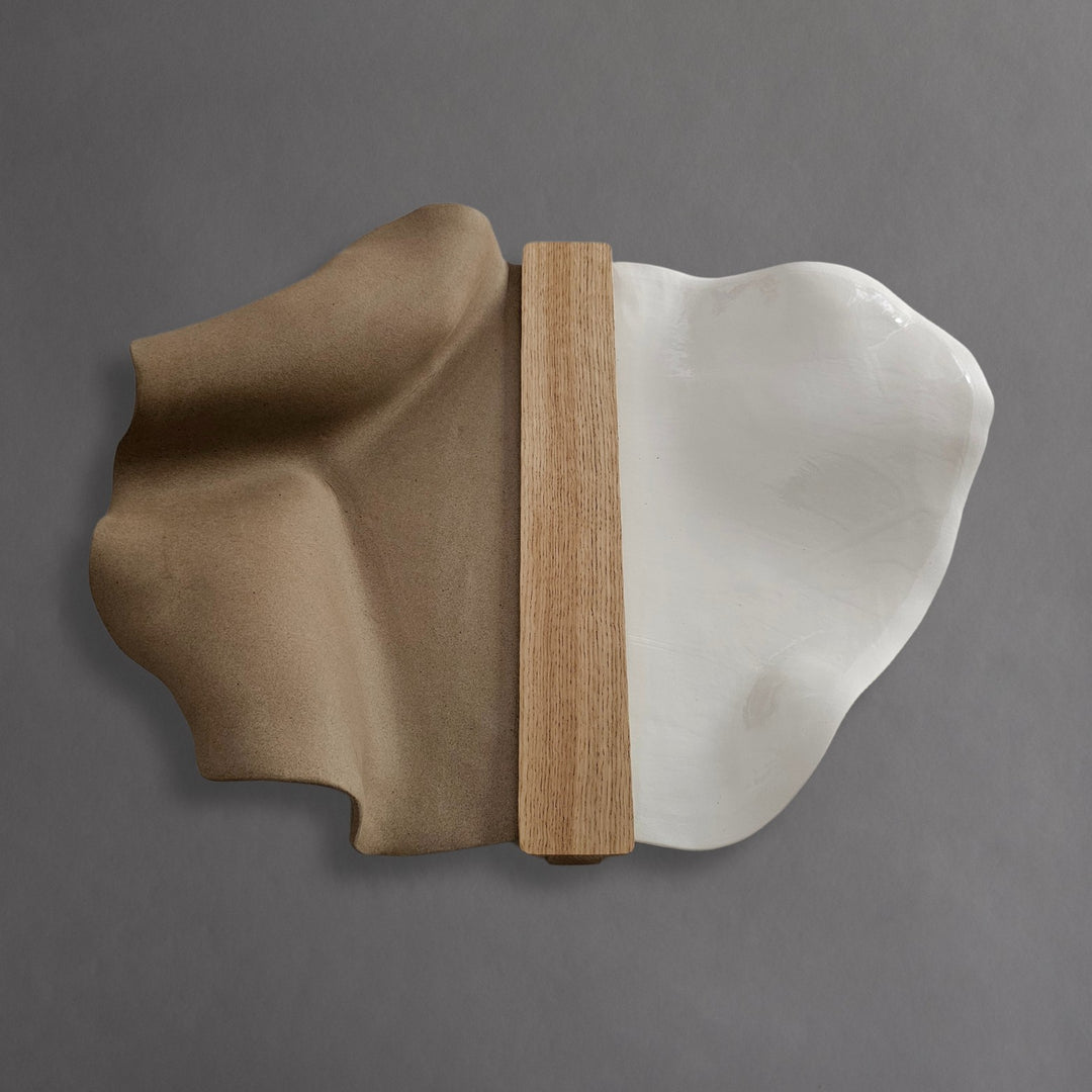 Abundance Small wall sculpture in oak, white porcelain and toffee stoneware, front view