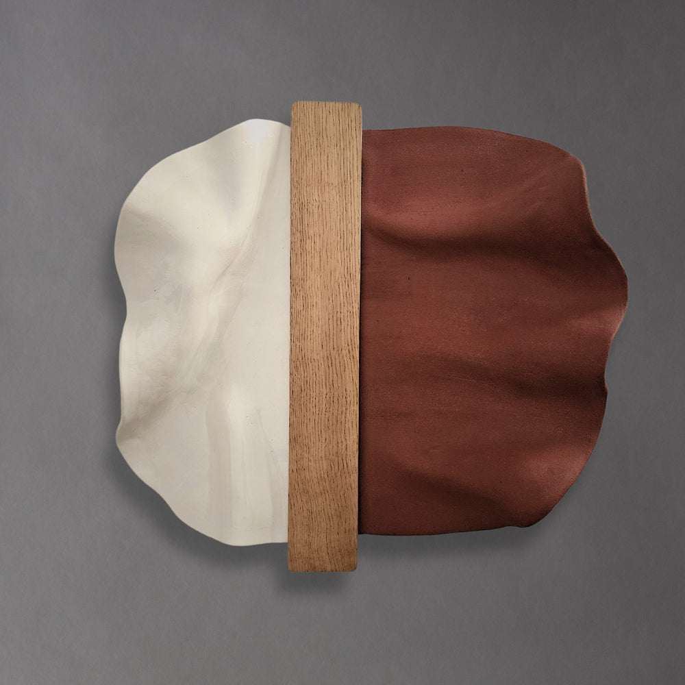 Abundance Small wall sculpture in oak, white porcelain and red stoneware, front view