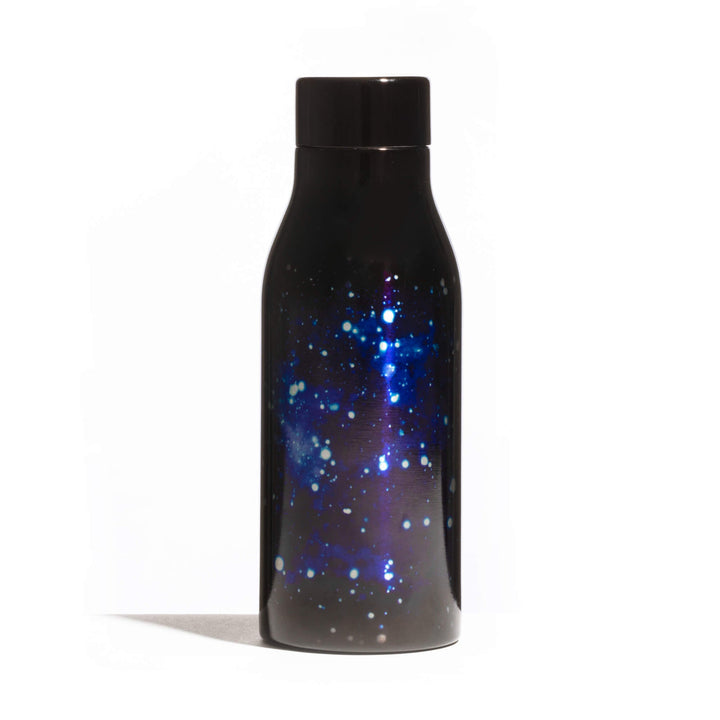 Seletti Cosmic Diner Thermal Bottle Galaxy, black steel bottle printed with a blue star cluster, front view
