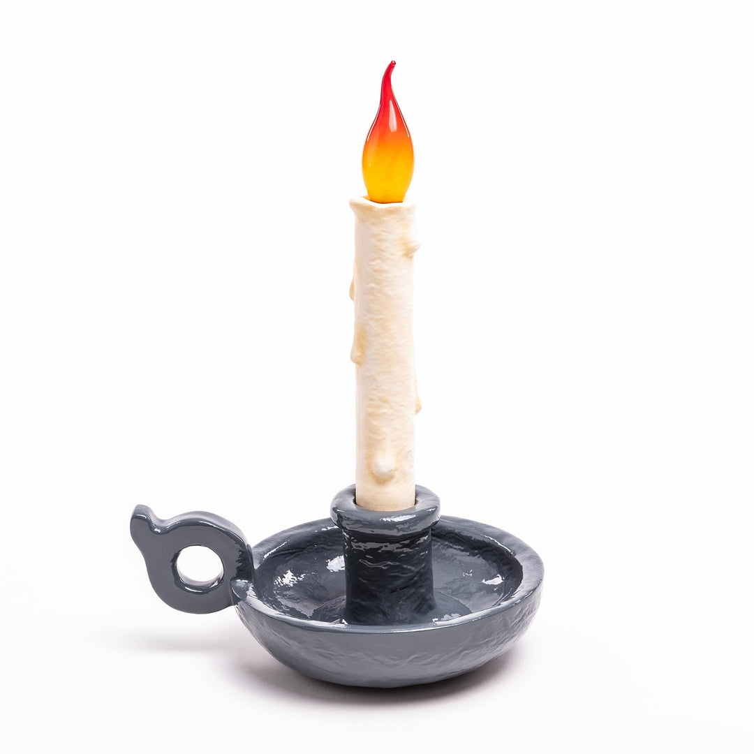 Seletti Bugia LED Candle Lamp Grey, slate gray candleholder with a looped handle and a white wax-drip candle, unlit