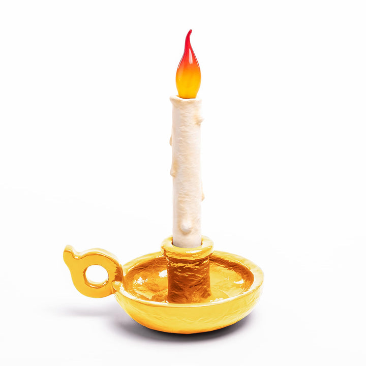 Seletti Bugia LED Candle Lamp Gold, gold resin candleholder base with a dripping white candle and a red-orange flame tip