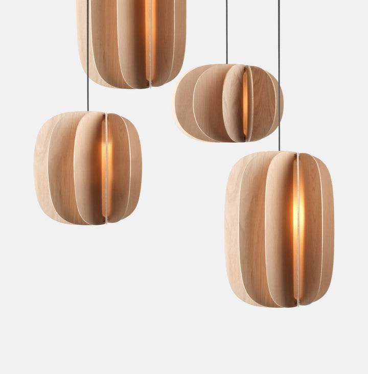 Elegant oak pendant lights with warm glow, modern designer home decor