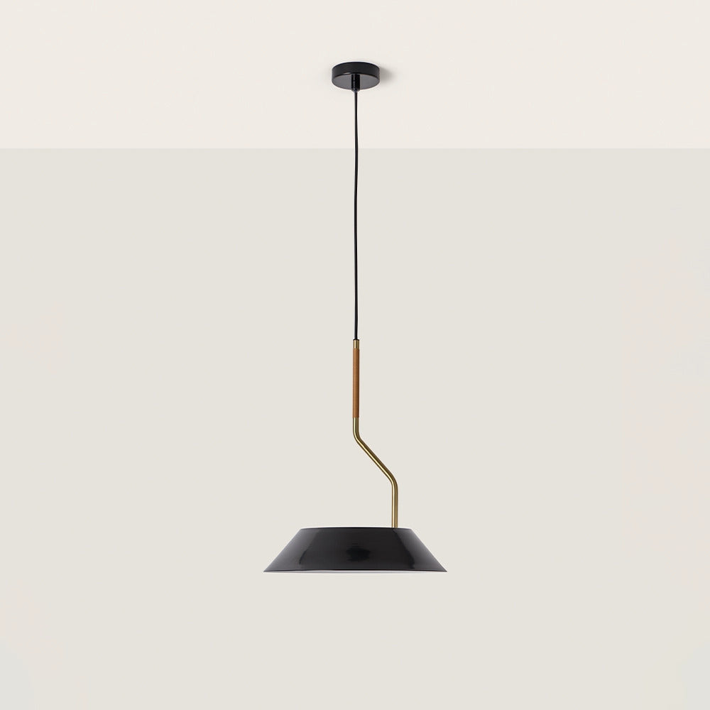 Aider Pendant Lamp in Matt Brass with shiny black metal shade and rattan-wrapped stem, unlit, by Aromas del Campo
