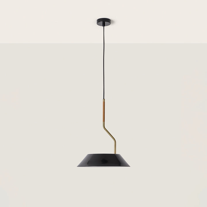 Aider Pendant Lamp in Matt Brass with shiny black metal shade and rattan-wrapped stem, unlit, by Aromas del Campo