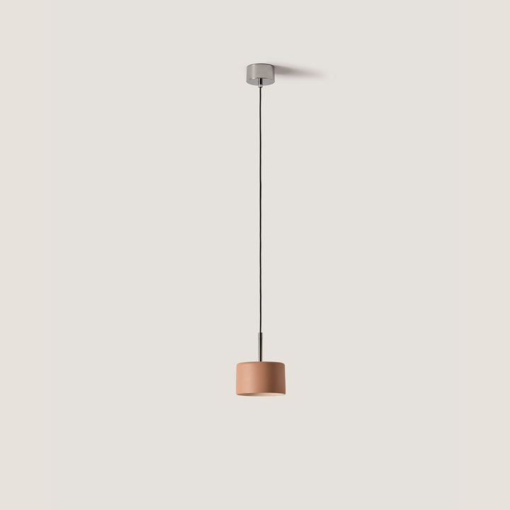 Cora Pendant Lamp, a terracotta pink ceramic drum shade with chrome fittings, unlit, by Aromas del Campo