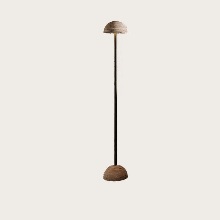 Big Dussa Floor Lamp in Aged Gold with travertine dome shade and base, lit, by Aromas del Campo