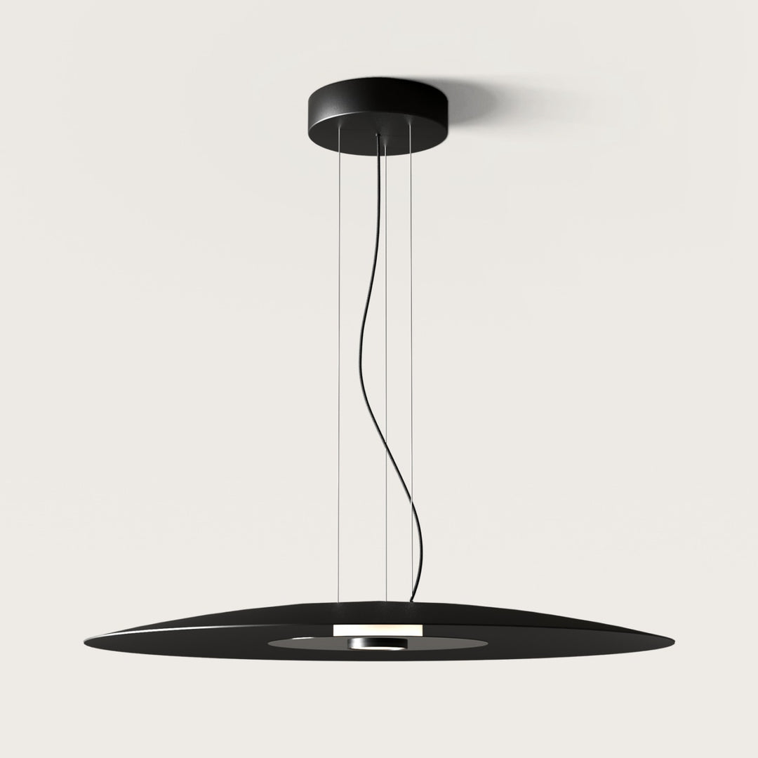 Bigcoss Pendant Lamp, wide matt black disc with mirrored centre on three cables, lit, by Aromas del Campo
