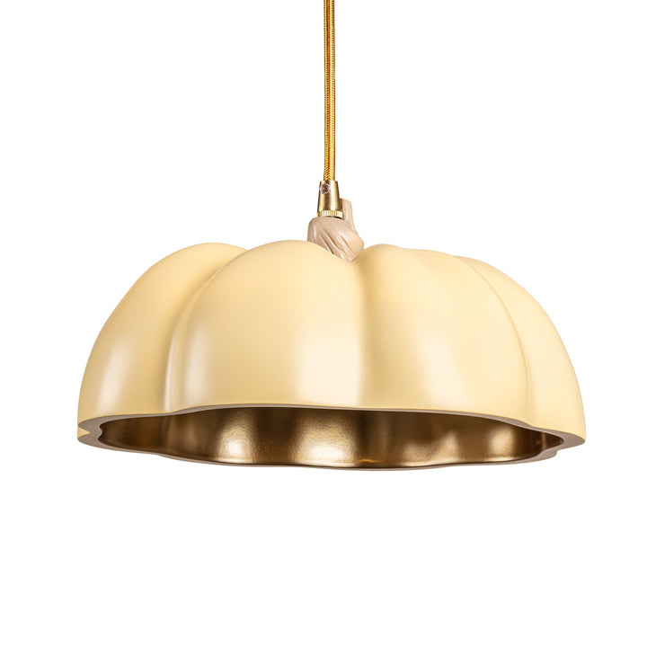 Seletti Vitamin Pumpkin 1 Pendant Lamp, wide cream pumpkin pendant with a gold-lined interior