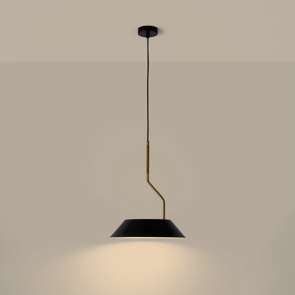 Aider Pendant Lamp lit, casting warm light down from its black shade