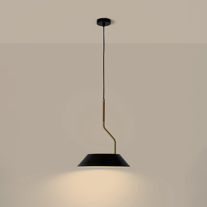 Aider Pendant Lamp lit, casting warm light down from its black shade