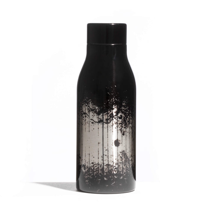 Seletti Cosmic Diner Thermal Bottle Lunar, black steel bottle with a silver moonlit forest print, front view