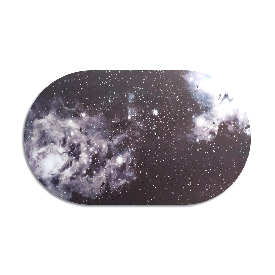 Seletti Cosmic Diner Placemat Universe, oval placemat printed with a gray and white star field and galaxy clouds