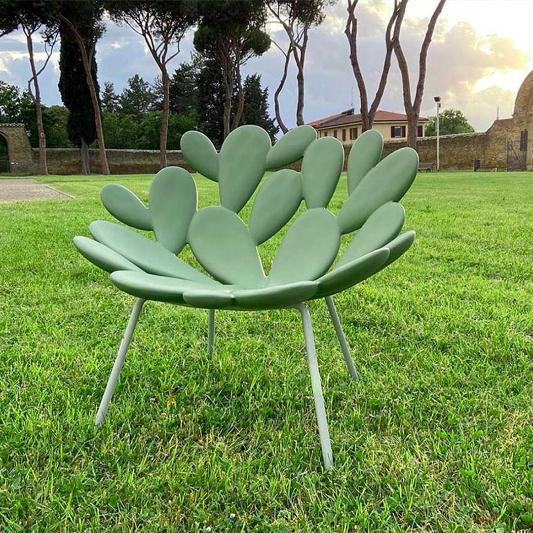 Filicudi armchair in matte green resin, Marcantonio design, sculptural outdoor seating