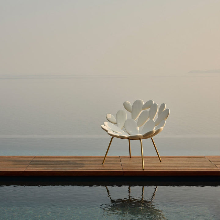Filicudi armchair by Marcantonio with sculpted white resin seat and gold legs beside water