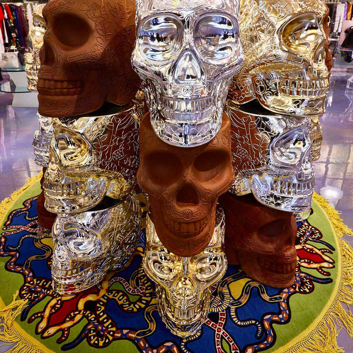 Mexico Stool and Sidetable Metal Finish Titanium design Studio Job