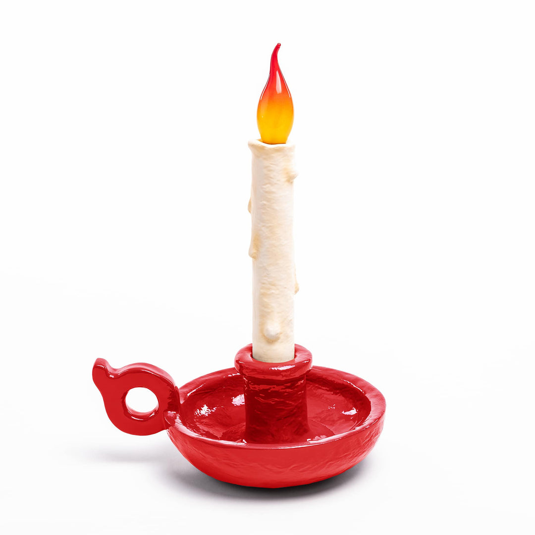 Seletti Bugia LED Candle Lamp Red, glossy red candleholder dish with a looped handle and white wax-drip candle