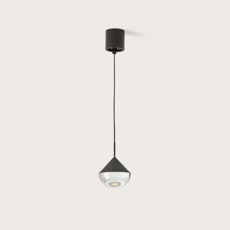 Nino Pendant Lamp in Matt Black, cone top over a clear glass dome lens, with ceiling canopy, by Aromas del Campo