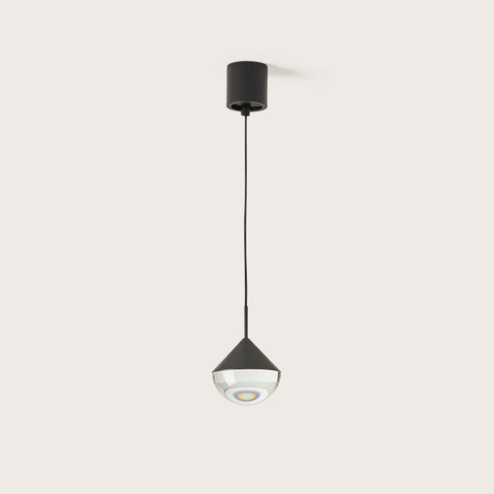 Nino Pendant Lamp in Matt Black, cone top over a clear glass dome lens, with ceiling canopy, by Aromas del Campo