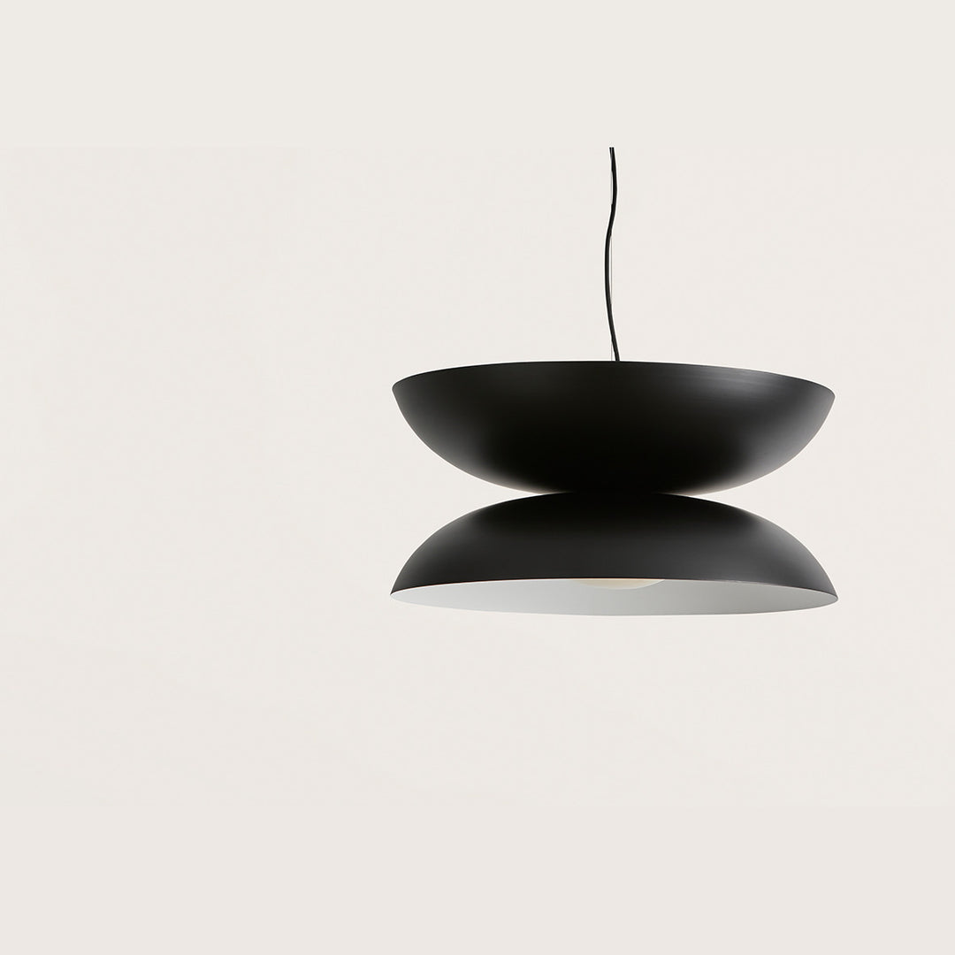 Yoyo Pendant by Aromas del Campo, matt black double-dome steel shade with white interior, unlit