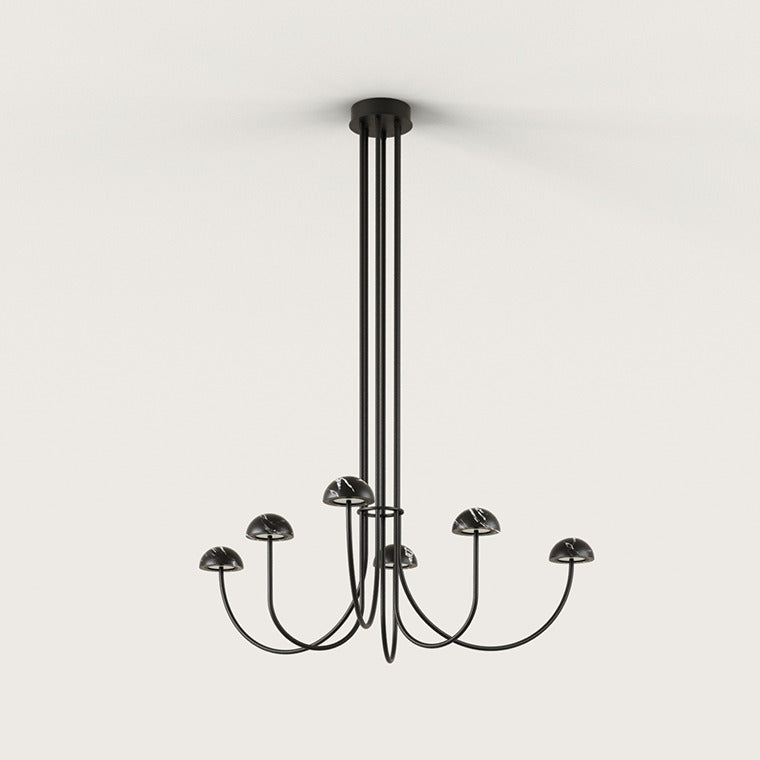 Dussa Chandelier, six curved black arms with dome shades on long drop rods, unlit, by Aromas del Campo