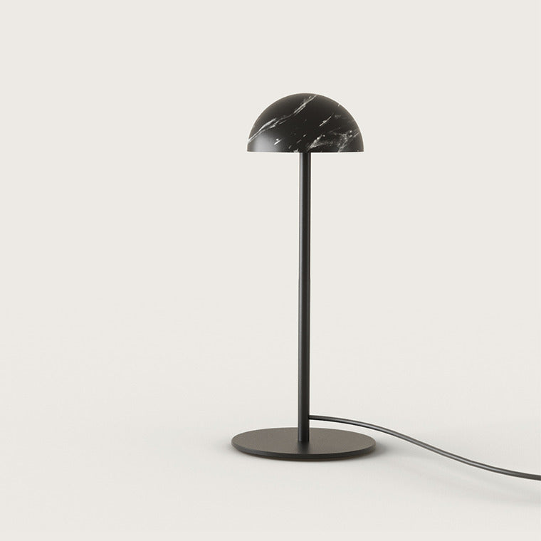 Dussa Table Lamp in Black Marble with a domed marble shade on a slim matt black stem, unlit, by Aromas del Campo