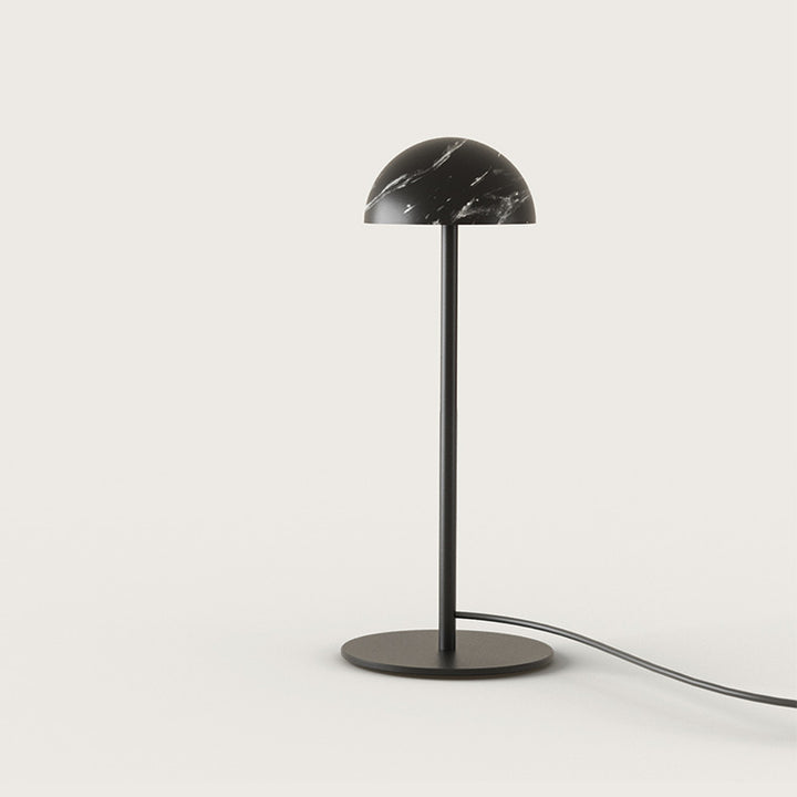 Dussa Table Lamp in Black Marble with a domed marble shade on a slim matt black stem, unlit, by Aromas del Campo