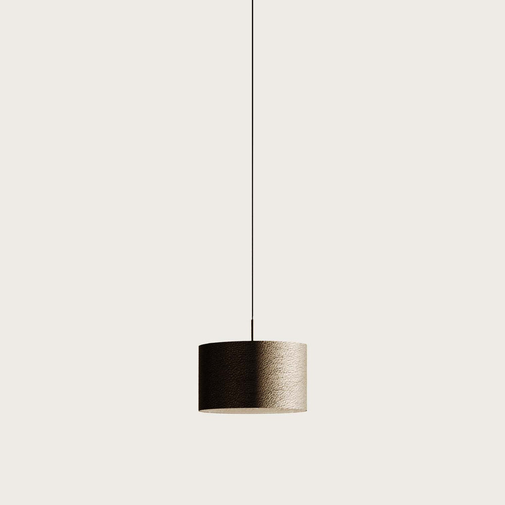 Rems Pendant in Black Leather, drum shade with pale inner diffuser on a long cord