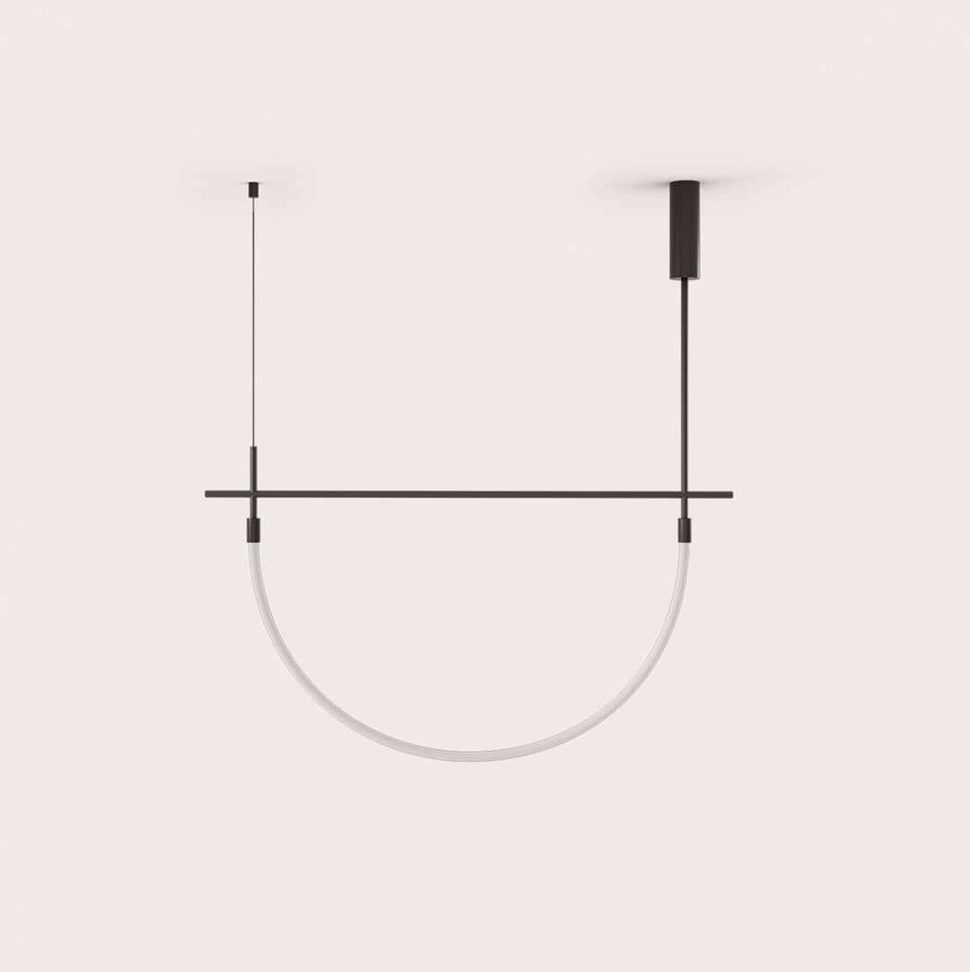 Cram Pendant in matt black, single opal arc tube below a horizontal bar, unlit