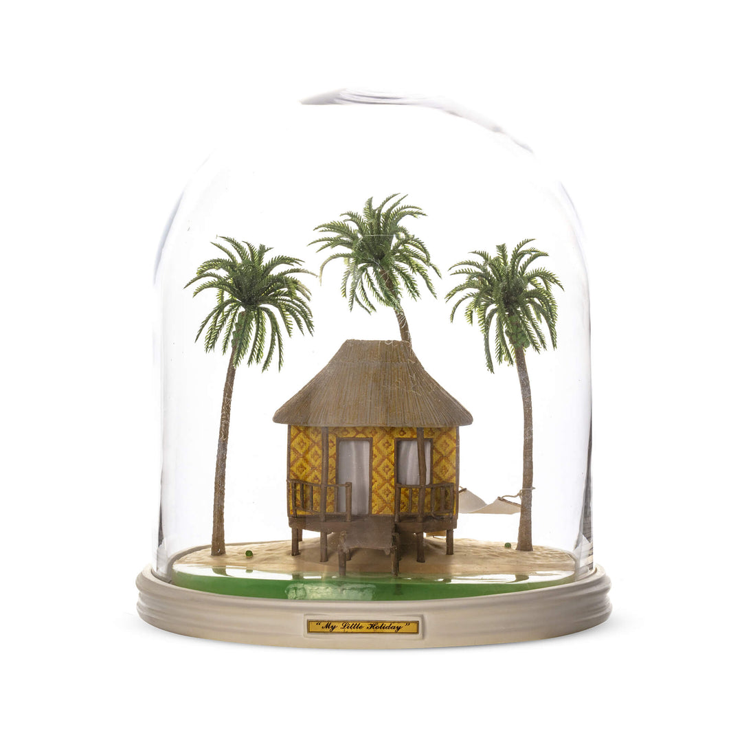 Seletti My Little Holiday, tropical hut on stilts among palm trees under a glass dome, unlit