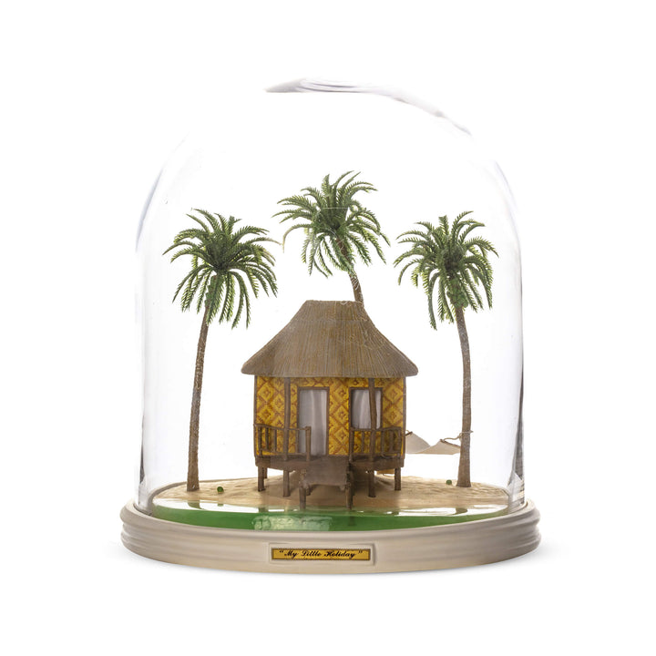 Seletti My Little Holiday, tropical hut on stilts among palm trees under a glass dome, unlit