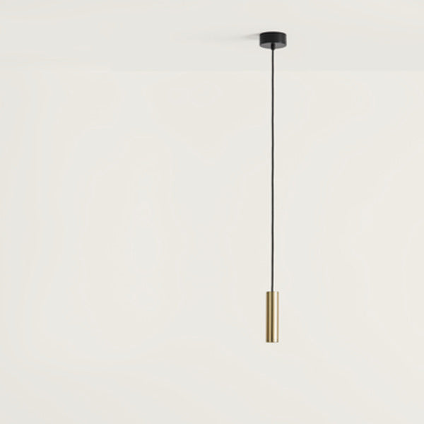 Maru Pendant Lamp brass tube on a long black cord with round black canopy, shown for the Matt Black option