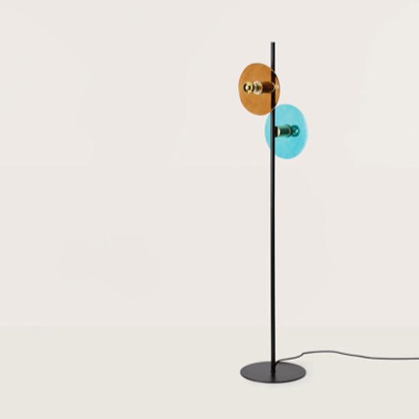 Ohlala Floor Lamp in matt black with two coloured glass discs on brass lampholders, unlit