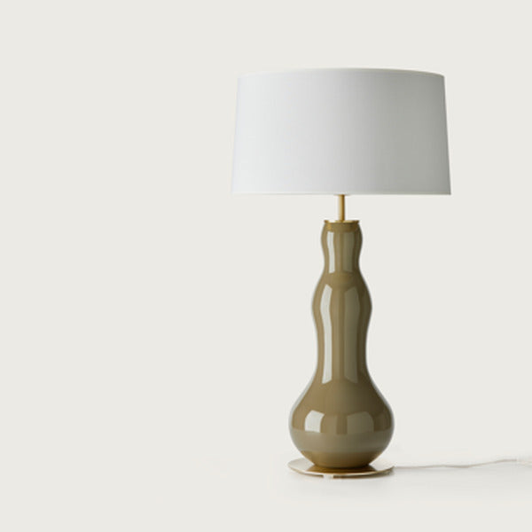 Melly Table Lamp with olive hand-painted glass body and white fabric shade, unlit