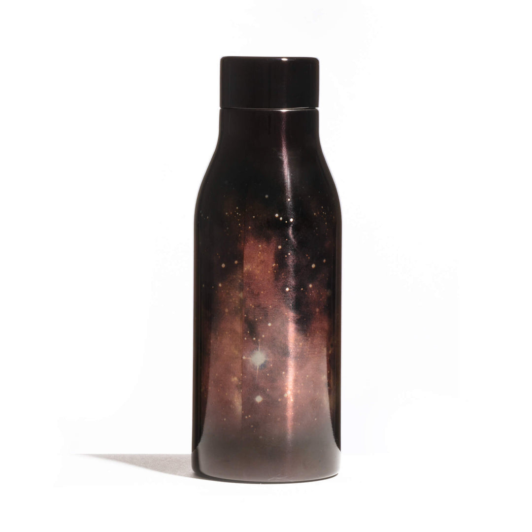 Seletti Cosmic Diner Thermal Bottle Water on Mars, black steel bottle printed with a rust and copper Martian sky