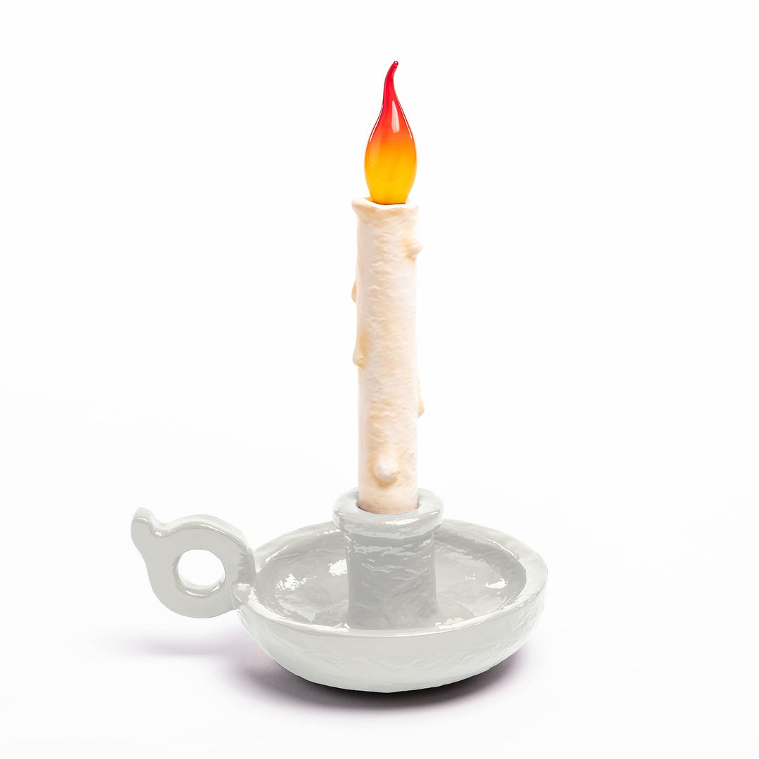 Seletti Bugia LED Candle Lamp White, white candleholder base with a looped handle and a dripping candle, unlit